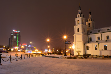 Obraz premium Embankment Svisloch river Nemiga, Minsk, Belarus, in January 2017,