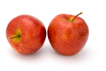 Two red apples on a white