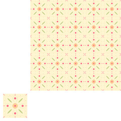 Abstract seamless textile pattern with flower and lines on the light yellow background and pattern unit.