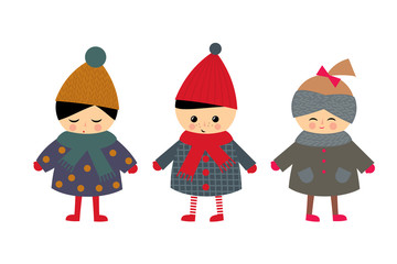 Cute children on white background. Little boy and girls in cute winter clothes vector illustration. Baby design for textile, decor, fabric. Winter holidays card.