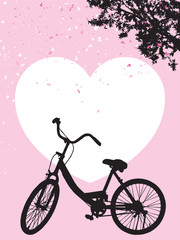 One bicycle parking under blooming flower tree, landscape park vintage spring scene, silhouette travel concept on pink background, black shadow banner on white heart shape backdrop