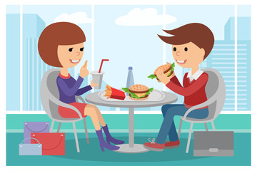 Girl and boy eating fast food. Vector illustration of a people at table with sandwiches drinks.