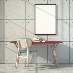 3d illustration interior. Workspace mockup. Light through the window.