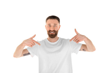 Young handsome man in blank T-shirt isolated on white