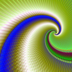 Big Wave Spiral in Green and Blue / A digital abstract fractal design with a wave spiral design in blue, green and red.