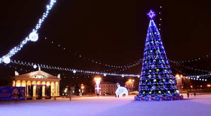 Holiday decorations in the city of Minsk, Christmas, October Square, Minsk, Belarus, in January 2017,