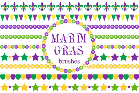 Mardi Gras borders set . Cute beads, fleur de lis ornaments, garland. Isolated on white background. Vector illustration