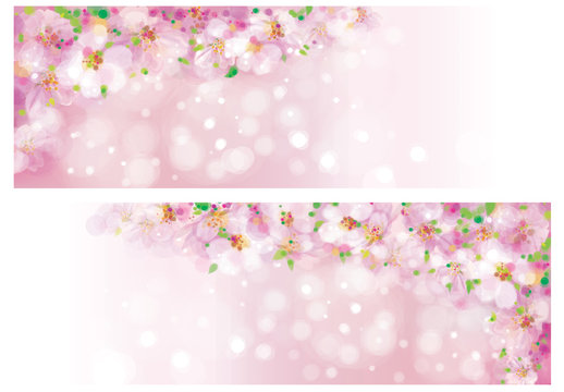 Vector blossoming sakura tree, pink bokeh banners.
