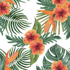 Watercolor seamless pattern with beautiful exotic  flowers. Hand painting floral tropical bouquet