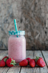 Strawberry milkshake in the glass jar