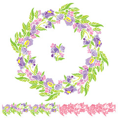 Set of round frame and seamless line ornamen with flowers, isola