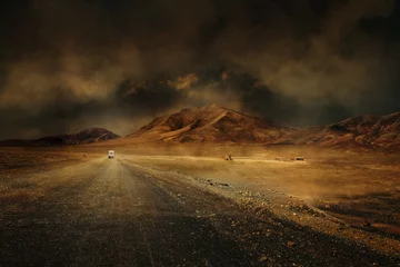 Papier Peint photo Sécheresse montagne désert vierge route chemin seul climat chaud sécheresse
