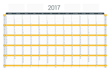 Calendar Template for 2017 Year. Vector Illustration. Week Starts on Sunday