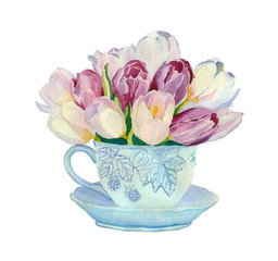 Watercolor tulips bouquet in a cup on a white background.