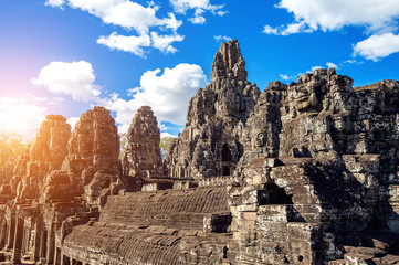 Fototapeta na wymiar Bayon Temple with giant stone faces, Angkor Wat, Siem Reap, Cambodia.