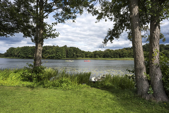 Germany, Lychen: Lake with trees and lawn in the foreground.