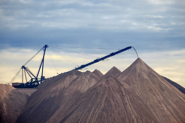 Huge mountains of waste ore in the extraction of potassium. Belarus, Soligorsk