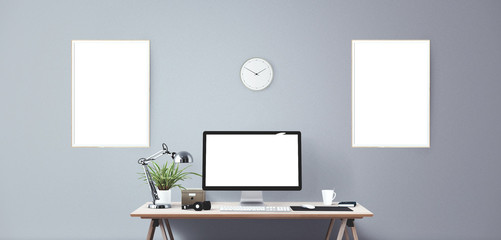 Computer display and office tools on desk. Desktop computer screen isolated. Modern creative workspace background.