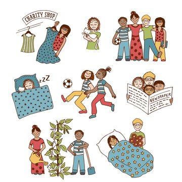 Collection of hand drawn children involved in various activities, like playing, sleeping, reading, caring for one another and doing charitable work