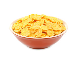 Bowl with cornflakes on white background
