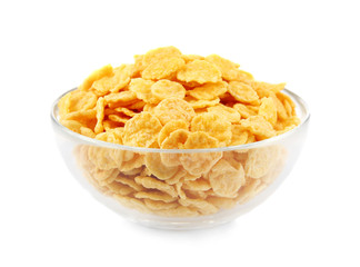 Bowl with cornflakes on white background