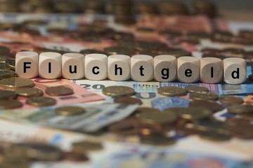 fluchtgeld - Holzwürfel mit Buchstaben im Hintergrund mit Geld, Geldscheine