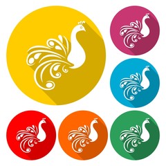 Stylized silhouette of a peacock - vector icon with long shadow