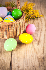Easter eggs in wicker basket and branch mimisa
