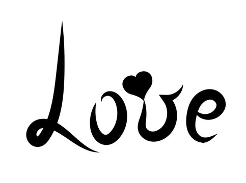 Handwriting. Lettering black word 'Love'. Romantic style with heart. Vector illustration