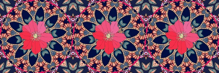 Beautiful ornamental border with red clematis - flower. Seamless pattern.