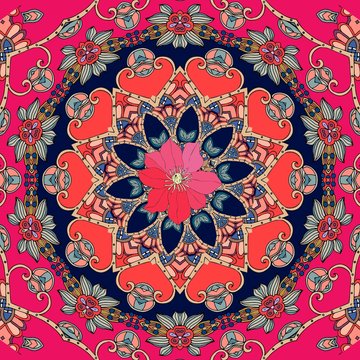 Greeting card, poster, square rug with cute red clematis on flower - mandala. Seamless vector pattern. Pillowcase. tablecloth, shawl in ethnic style,