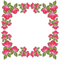 Beautiful card with floral frame. Save the date. Vector template. Bandana print with roses.