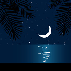 Obraz na płótnie Canvas night moon sea beach palms summer ocean tropical paradise vector