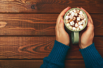 Female hands holding cup or mug of hot chocolate with marshmallow and cinnamon 