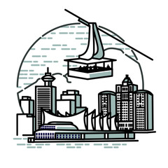 Obraz premium Skytram hovers over a circular vancouver city with buildings the pacific center, dock and shoreline structures & a large mountain behind