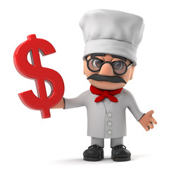 3d Cartoon Italian pizza chef character has US Dollar currency symbol