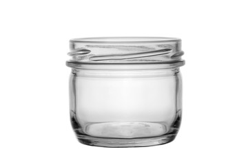 little empty glass jar without a lid isolated on a white background