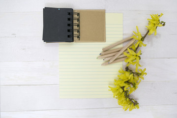 Open notebook on the white wooden background with dreid rose flowers, flakes and leaves. Romantic...