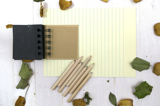 Open notebook on the white wooden background with dreid rose flowers, flakes and leaves. Romantic letter