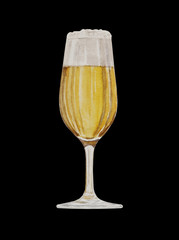 A glass of beer watercolor painting isolated on black background