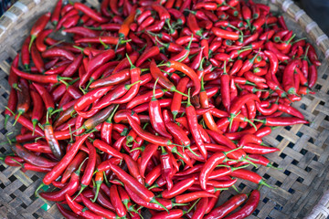 Fototapeta premium Red chilli, Chillies in basket on the market in Vietnam.