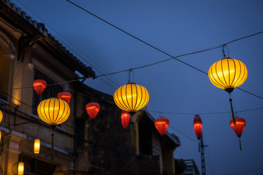 Silk lanterns on the walking streets in old town Hoi An , Vietnam.