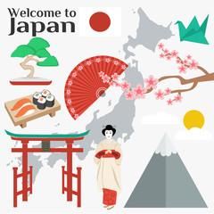 Colorful Japan travel poster -Welcome to Japan. Vector illustration with travel place and landmark