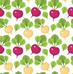 Radish seamless pattern. Red and white radishes endless background, texture. Vegetable background. Vector illustration