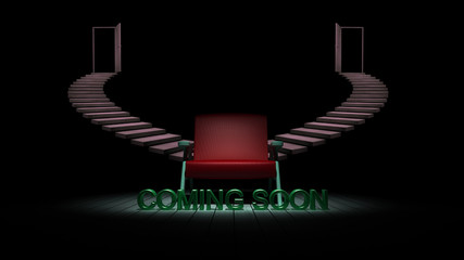 chair in the dark with coming soon sign 3D rendering