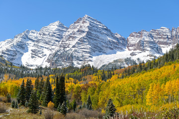 Autumn at Maroon Bells - Snow-covered peaks of Maroon Bells surrounded by colorful autumn aspen grove and evergreen forest.