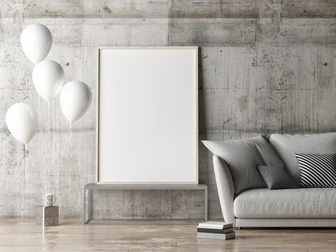 mock up poster, living room with balloons, 3d illustration