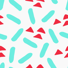 Modern seamless pattern with hand drawn shapes in green and red on white background.