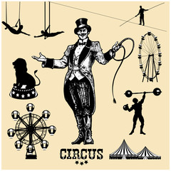 Circus and amusement park vector illustrations.Animal trainer. Showman