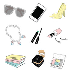Fashion icons, design elements for beauty, jewelry, make up, cosmetics content. Background with bag, sunglasses, shoes, accessories